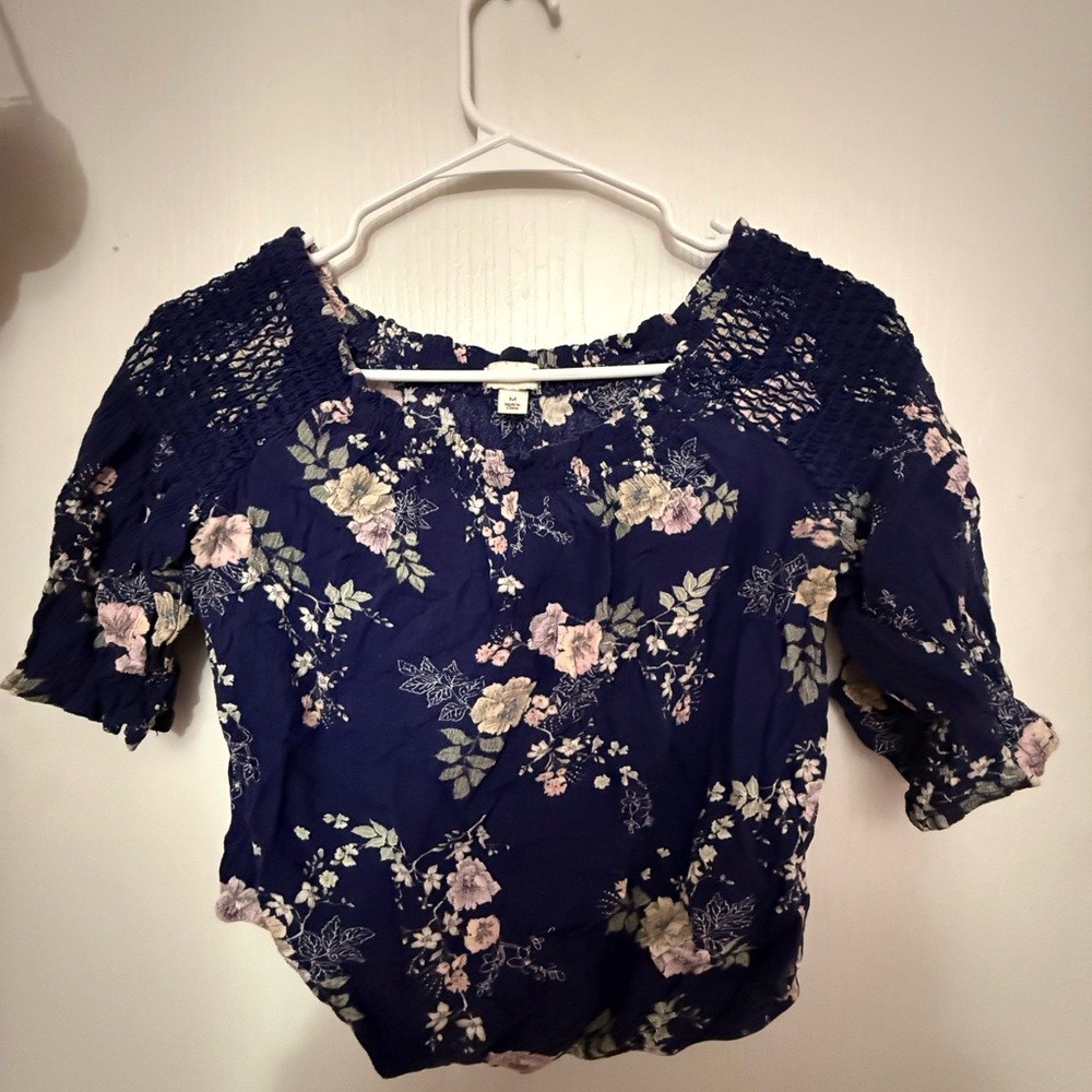 SO Dark Blue Floral Lace Women's Blouse
